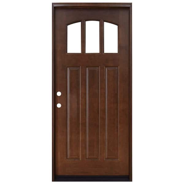 Steves & Sons 36 in. x 80 in. Craftsman 3 Lite Arch Stained Mahogany Wood Prehung Front Door