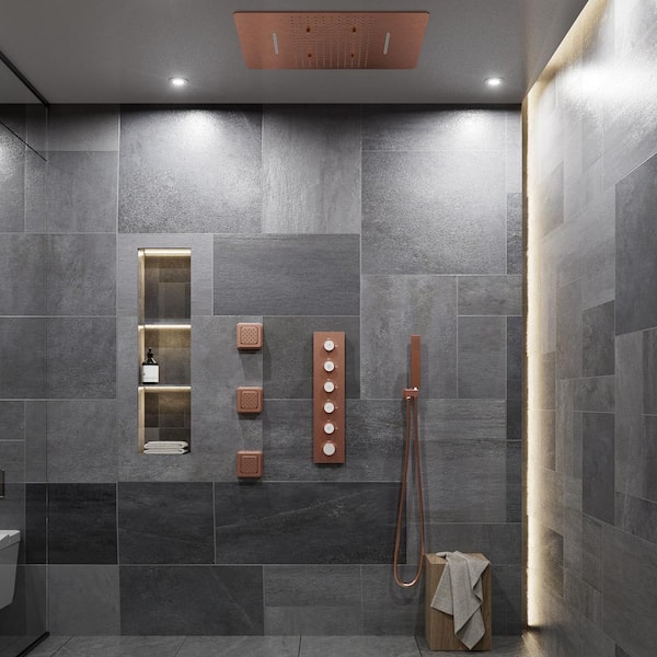 4-Spray 2.5 GPM 24 in. Ceiling Mount Fixed and Handheld Shower Head with Thermostatic Shower System in Brushed Rose Gold