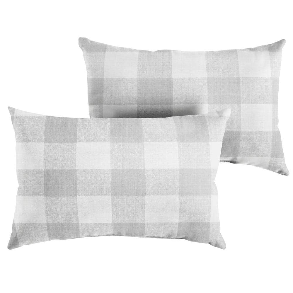 Grey Buffalo Plaid Rectangular Outdoor Knife Edge Lumbar Pillows (2-Pack)