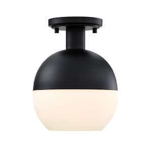 Linden 8 in. 1-Light Matte Black Mid-Century Modern Semi Flush Mount with Etched Opal Glass Shade for Bedrooms