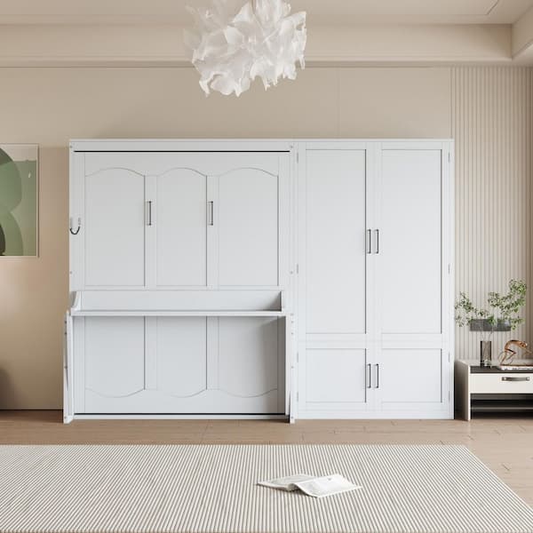 White Wood Frame Queen Size Murphy Bed with Closet