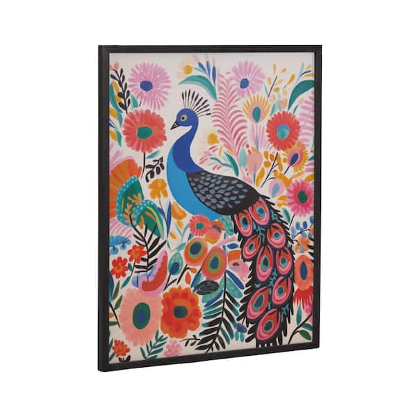 Kate and Laurel Gallery Bright Colorful Boho Peacock and Botanicals by The Creative Bunch Studio Black Framed Art Print 16 in. x 20 in.