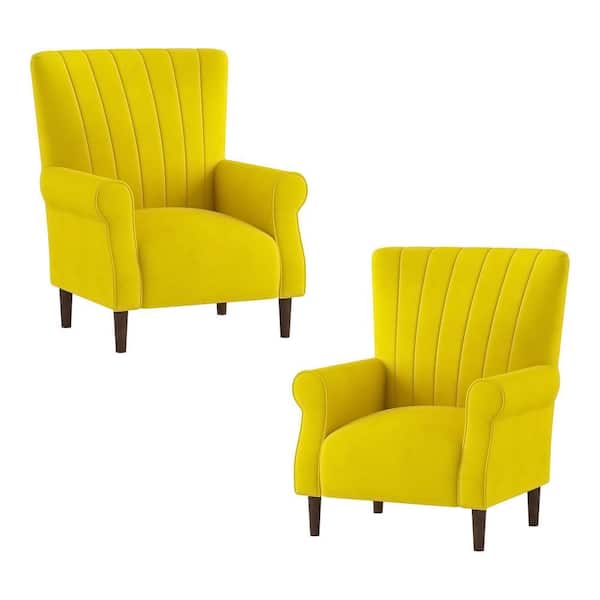 EVERGLADE HOME Carlson Yellow Velvet Club Channel Tufted Back Accent Chair (Set of 2)