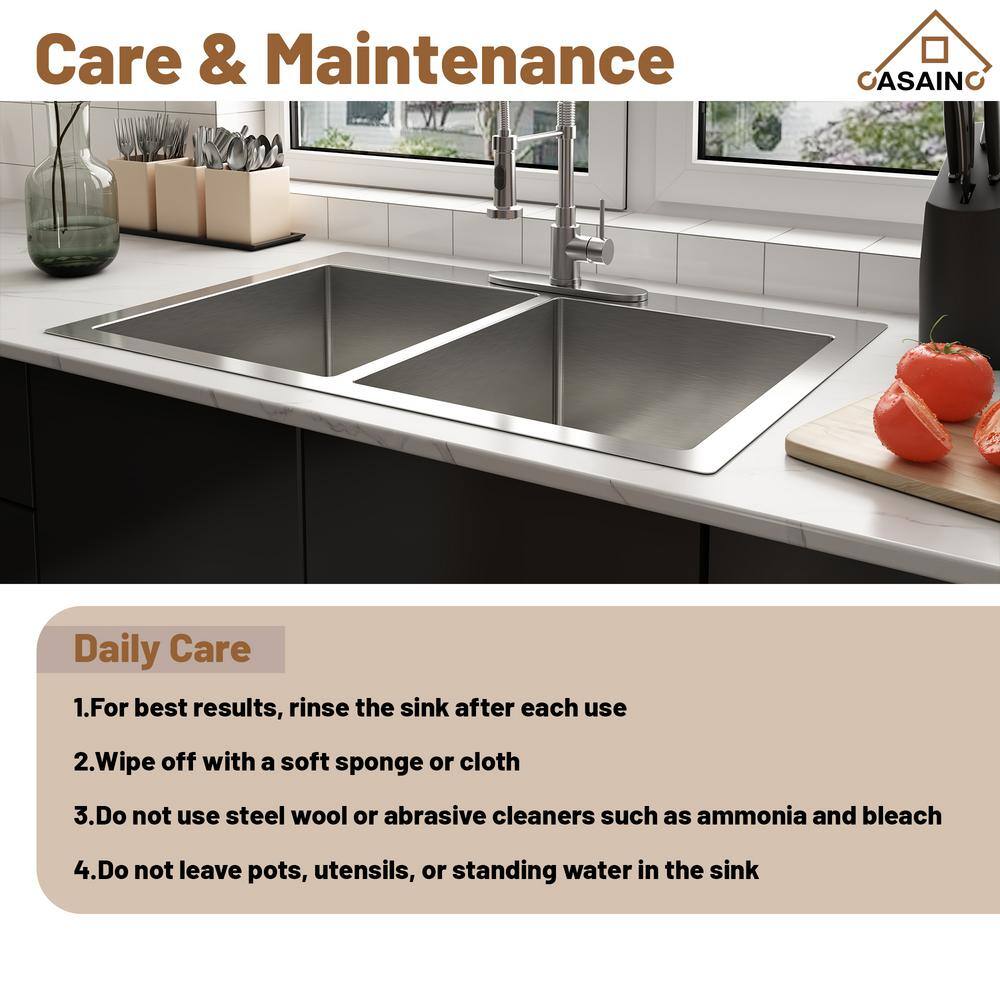 33'' Drop-In Double Bowl Stainless Steel Kitchen Sink with Accessories