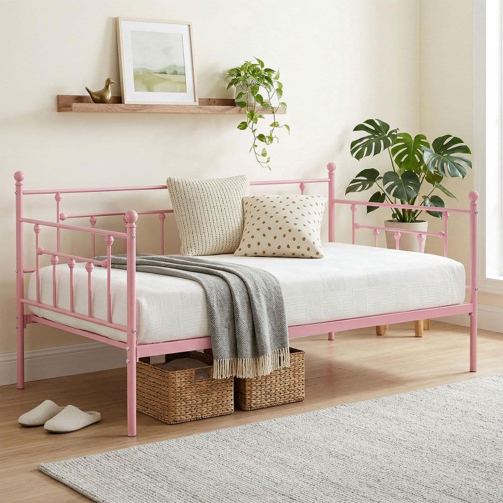 VECELO Pink Twin Daybed with Steel Slat Support, Victorian Ball
