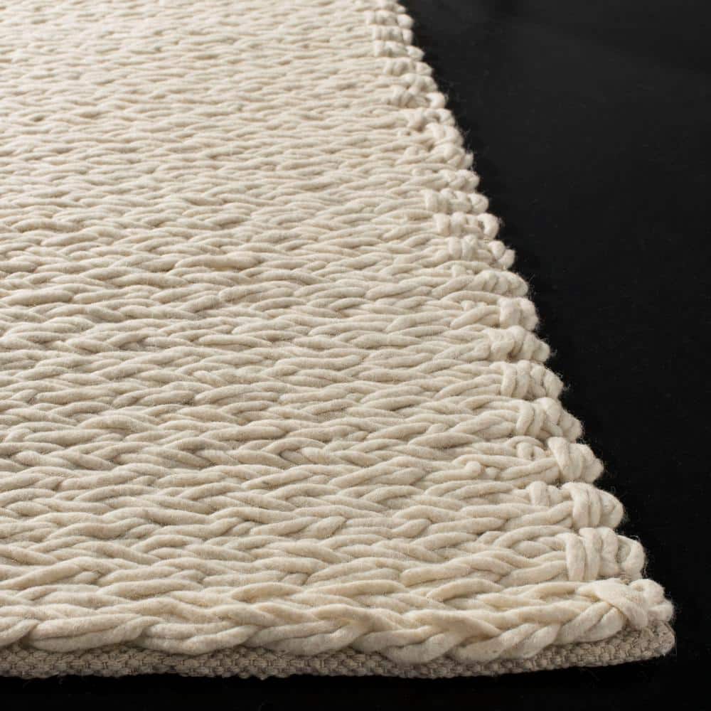 Ivory Braided Hand-Tufted Wool Square Area Rug, 5' x 8'