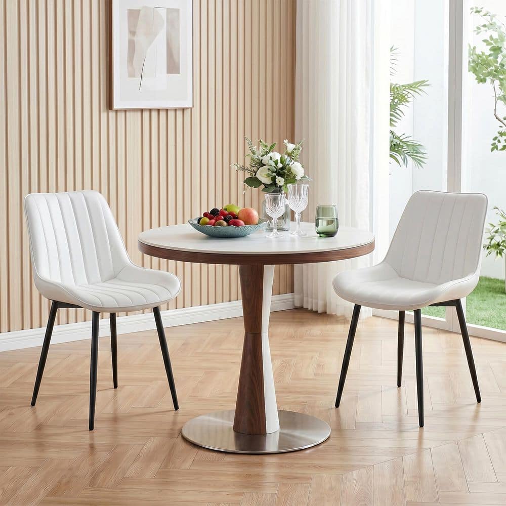 Set of 2 Modern White Faux Leather Dining Chairs with Metal Legs, Mid Century Upholstered Kitchen Chairs for Dining Room