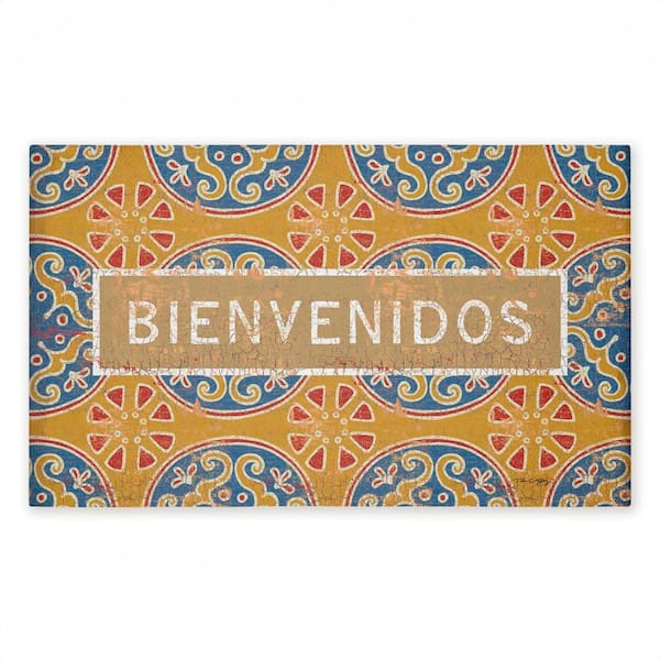 Valencia Pattern Bienvenidos Blue 18 in. x 30 in. Polyester Non-Slip Outdoor Door Mat