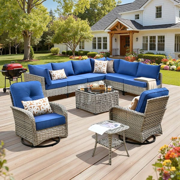 Solvoc 10-Piece Wicker Outdoor Patio Conversation Sofa Set with Navy Blue Cushion, Swivel Chair, Lights Coffee Table