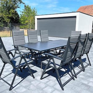 9-Piece Outdoor Patio Dining Set with Aluminum Frame Grey Folding Chairs and Black Table