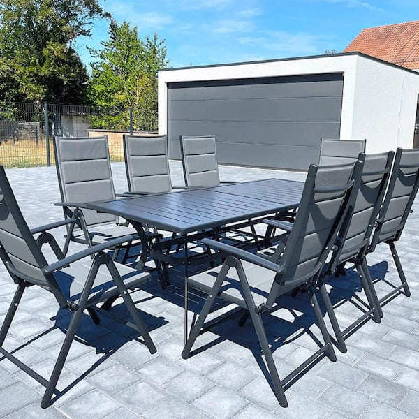 9-Piece Outdoor Patio Dining Set with Aluminum Frame Grey Folding Chairs and Black Table