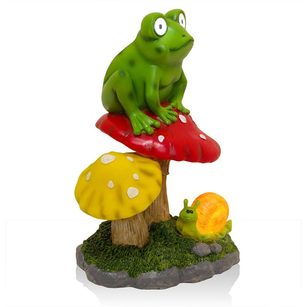 Solar-Powered Frog on Mushroom Polyresin Garden Statue with LED Eyes