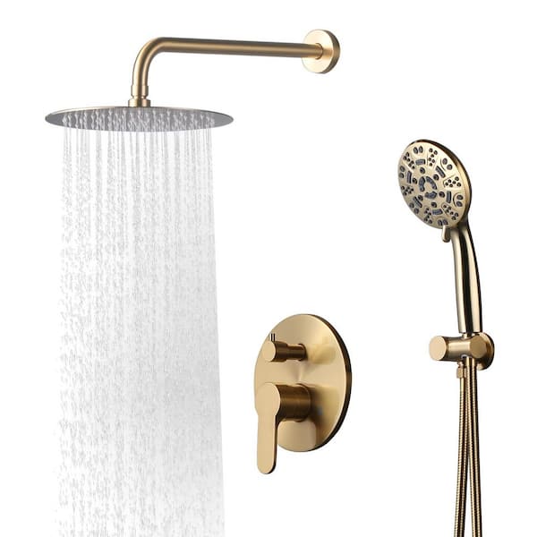 9-Spray 10 in. Wall Mounted Fixed Round Shower Head and Handheld Shower Head with 1.8 GPM Brass Valve in Brushed Gold