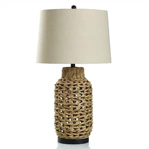 30 in. Natural Woven, Cream Urn Task and Reading Table Lamp for Living Room with Yellow Linen Shade