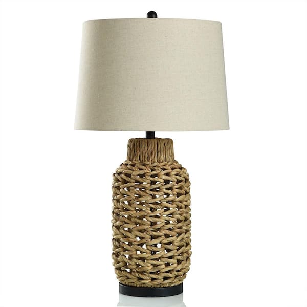 StyleCraft 30 in. Natural Woven, Cream Urn Task and Reading Table Lamp for Living Room with Yellow Linen Shade