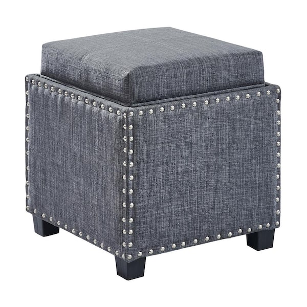 Armen Living Blaze Slate Grey Linen Contemporary Ottoman with Wood Legs