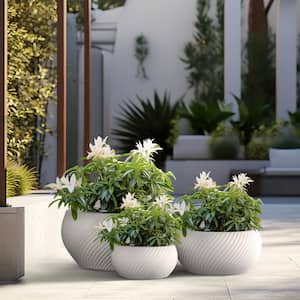 Textured 11.5in., 15in., 20in. Dia Large Round Crisp White Concrete Planter/Flower Pot for Indoor & Outdoor Set of 3