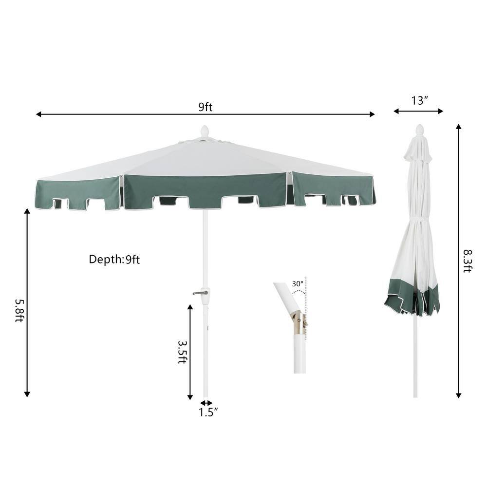 Baiona 9 ft. White and Green Aluminum Patio Umbrella with Auto-Tilt