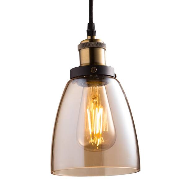 Feit Electric 4-Light Brass Pendant Fixture with Amber Shade and ST19 Dimmable LED Edison Amber Glass Filament Light Bulb