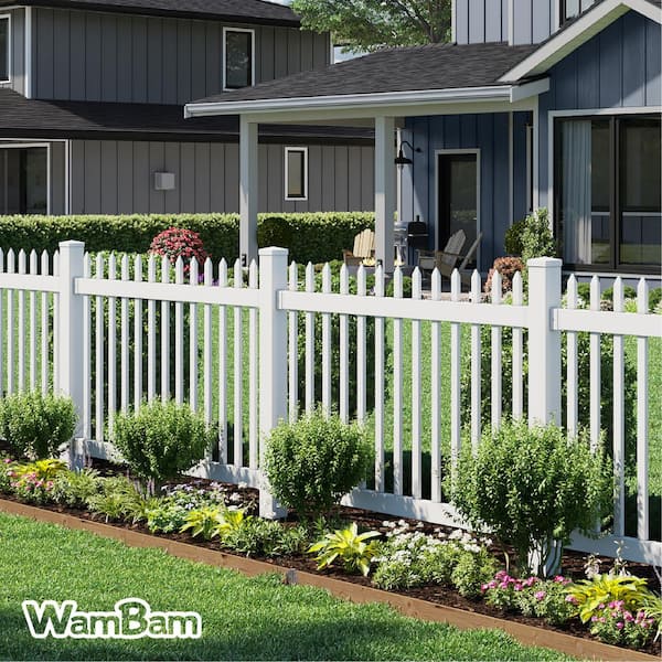 4 ft. H x 6 ft. W No Dig Nantucket Flat Top Pointed Spaced Picket White Vinyl Fence Panel with Post and Anchor