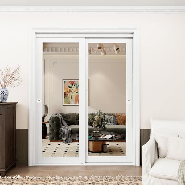 60 in. x 80 in. 1 Lite Mirror Glass White Finished MDF Interior Closet Sliding Door with Hardware and Handles