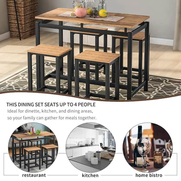 URTR 5-Piece Kitchen Counter Height Table Dining Set, Wood Top and Metal  Frame Bar Table with 4 Chairs, Dark Brown T-01236-P - The Home Depot