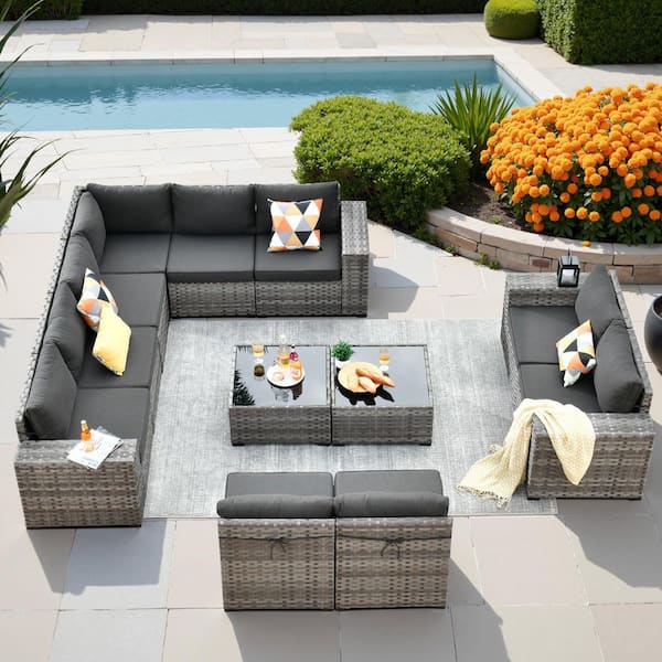 HOOOWOOO Tahoe Grey 12-Piece Wicker Wide Arm Outdoor Patio Conversation Sofa Seating Set with Denim Blue Cushions