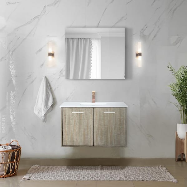Lexora Fairbanks 36 in W x 20 in D Rustic Acacia Bath Vanity, White Quartz Top and Rose Gold Faucet Set