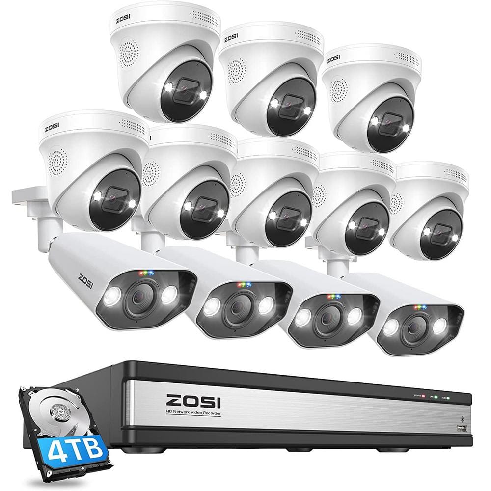 ZOSI 4K UHD 16-Channel POE 4TB NVR Security Camera System with 12 8MP Wired Spotlight Cameras, 2-Way Audio, 24/7 Recording