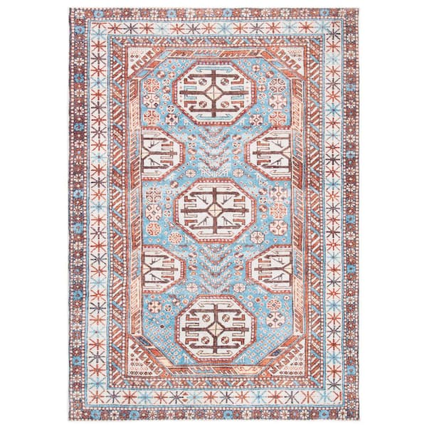 SAFAVIEH Serapi Light Blue/Brown 4 ft. x 6 ft. Machine Washable Border Bohemian Area Rug