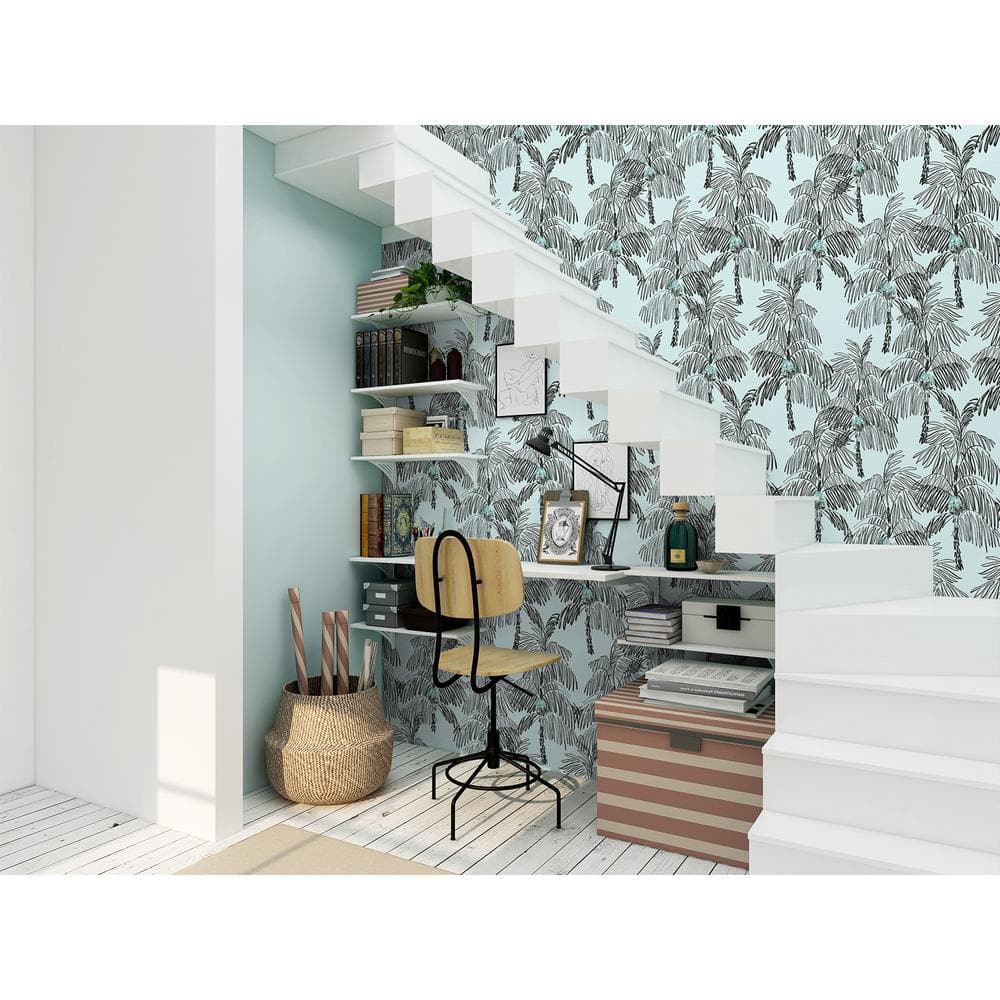 Sky Blue and Black Tropical Palm Peel and Stick Wallpaper