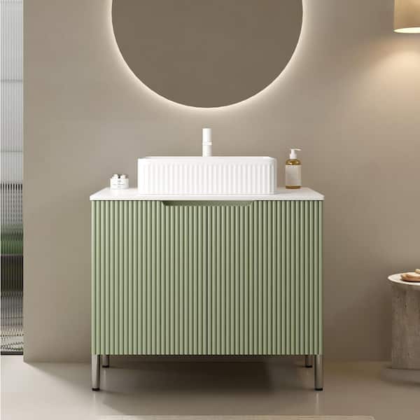 30 in. Freestanding Green Bath Vanity with White Sintered Stone Top, Ceramic Vessel Basin, Sink Hole Cover and Drain