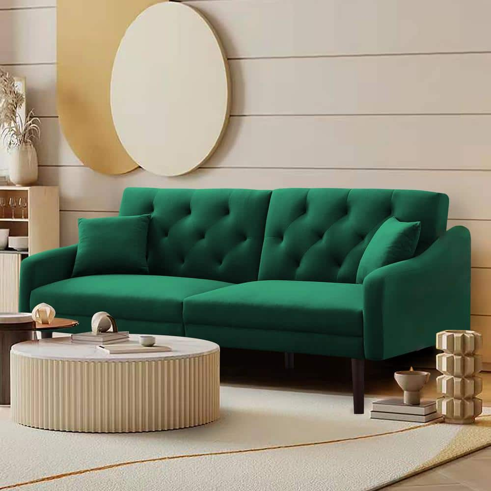 Uixe Modern Velvet Square Arm Convertible Futon Sofa Bed In Green With ...