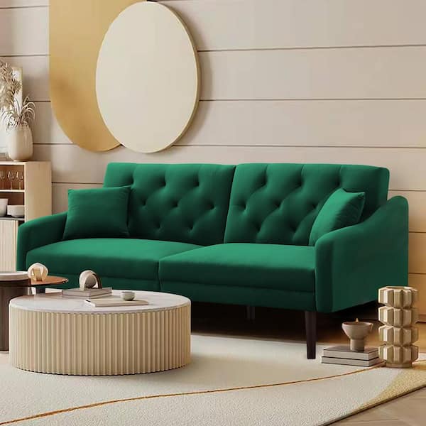 Uixe Modern Velvet Square Arm Convertible Futon Sofa Bed in Green with ...