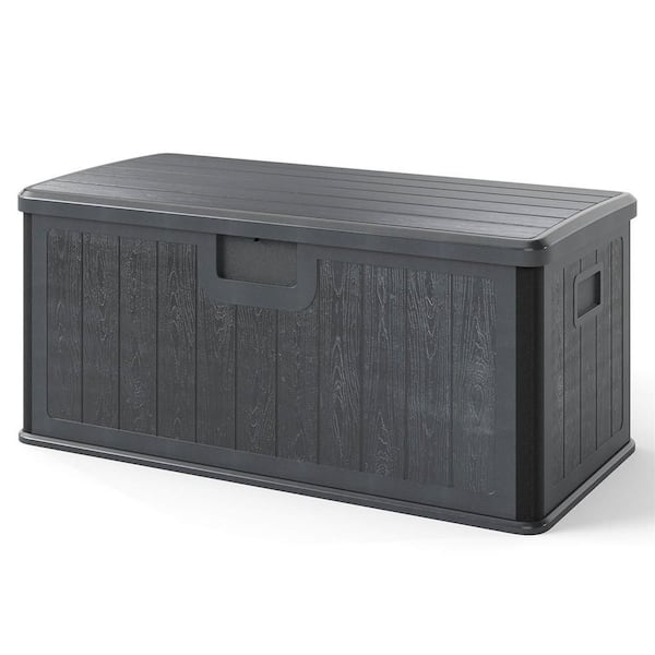 100 Gal. Gray Plastic Deck Box with Lockable Design & Gas Strut Handle 2 Person Bench Garden Organizer