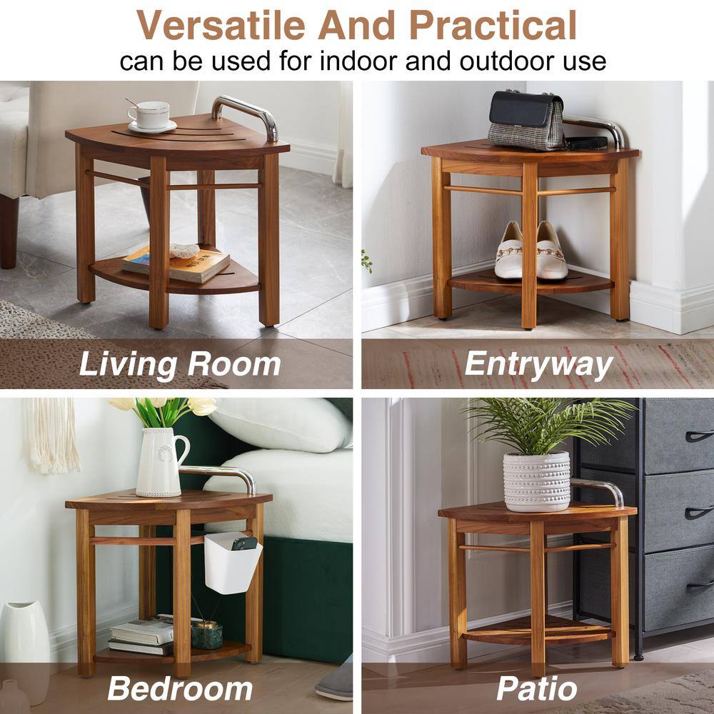 Teak Corner Shower Bench with Handle and Storage