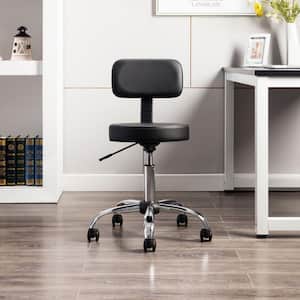 Black Adjustable Drafting Stool with Wheels and Backrest, Faux Leather Space-Saving Rolling Stool