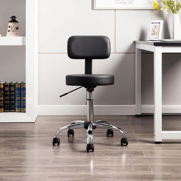 HOMESTOCK Black Adjustable Drafting Stool with Wheels and Backrest, Faux Leather Space-Saving Rolling Stool