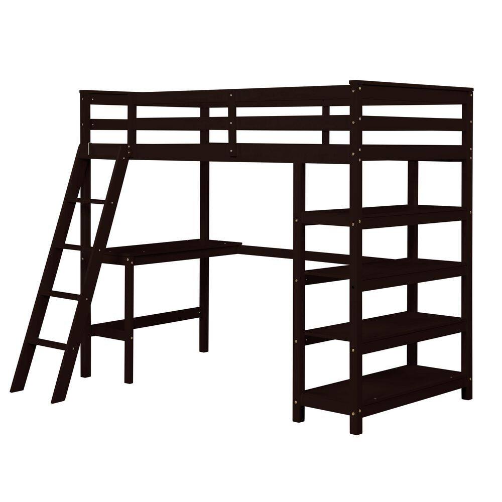 ANBAZAR Espresso Twin Size High Loft Bed, Study Kids Loft Bed, Loft Bed