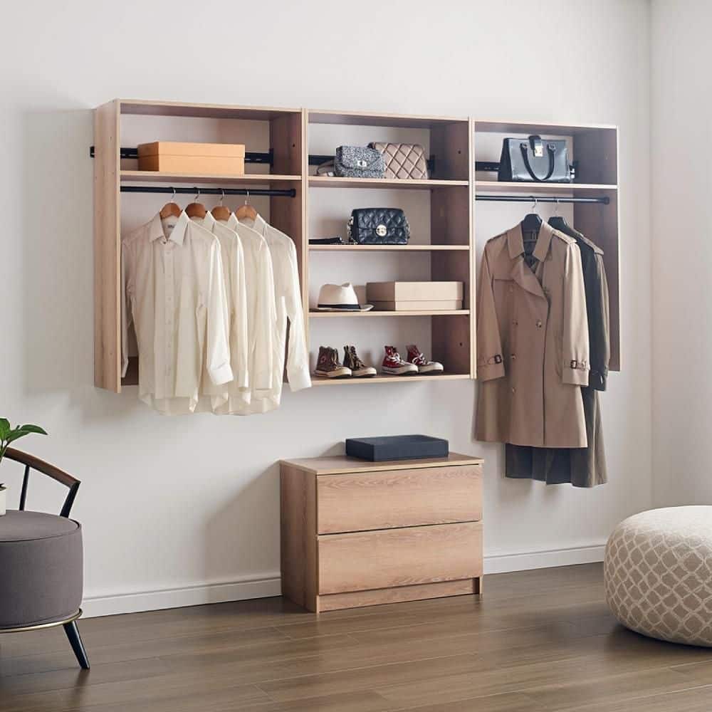 Benjara Vedz 31.5-125.98 in. W Oak Brown Tower Unit Wall Mounted