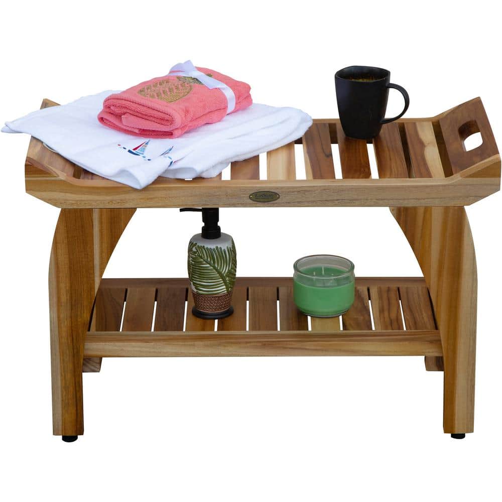 EcoDecors 32" Natural Teak Shower Bench with Handles and Shelf