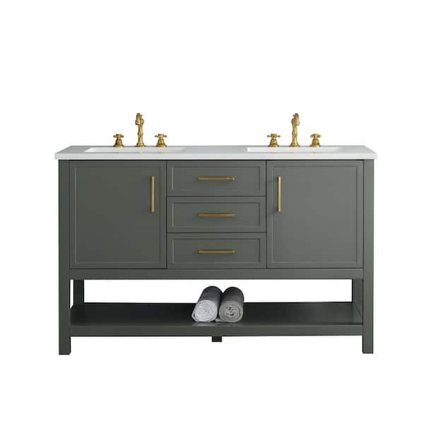 Arlo 54 in W x 22 in Dx 34 in H Bath Vanity in Vintage Green with Engineered Stone Top in Ariston White with White Sinks