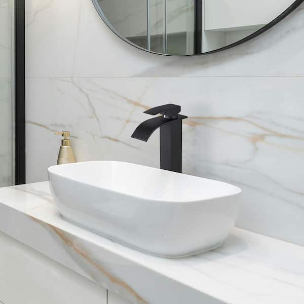 Waterfall Single-Handle Single Hole Bathroom Faucet with Deckplate Pop-up Drain Included and High-Body in Matte Black