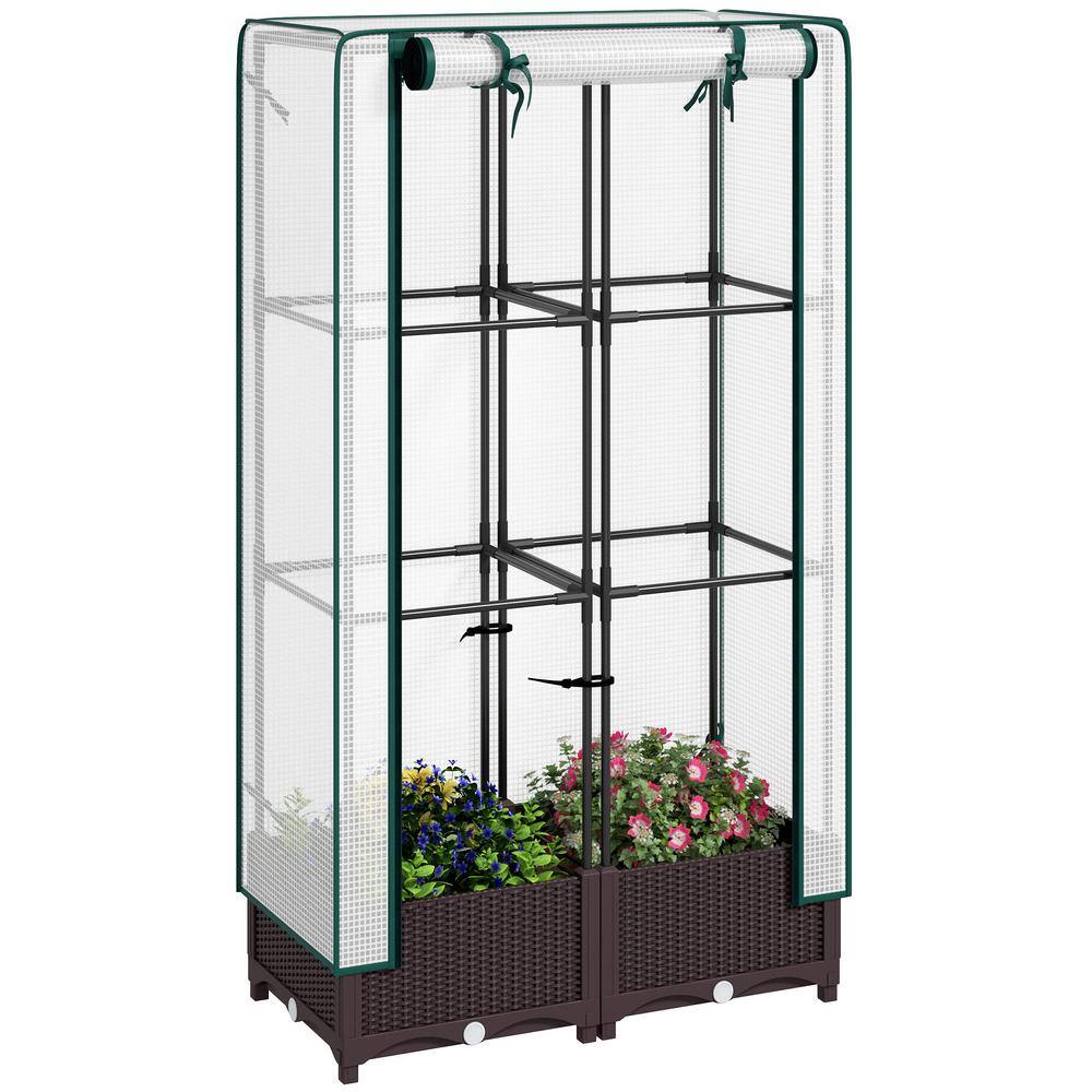 Brown Plastic Raised Garden Bed with Trellis and PE Greenhouse Cover