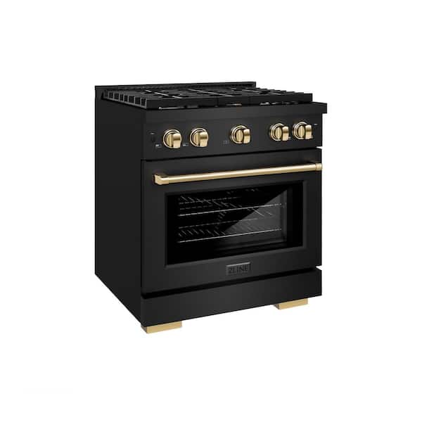 Paramount 30 in. 4-Burner Dual Fuel Range with Convection Oven in Black Stainless Steel and Polished Gold Accents