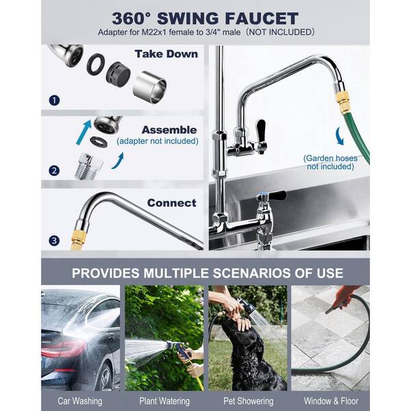 Commercial 38 in. H Triple Handle 360° Spout Swivel Pull Down Sprayer Kitchen Faucet with Pre-Rinse Sprayer in Chrome