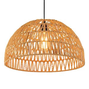 Farmhouse 17.7 in. 1-Light Brown Hemp Woven Dome Chandelier With No Bulbs Included