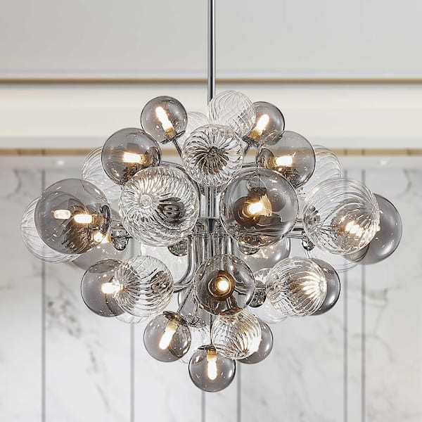 HUOKU Tauvy 18-Light Polished Chrome Bubble Sputnik Cluster Large Chandelier with Smoky Glass and Twisted Glass Shadeds