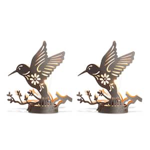 9.75 in. H Set of 2 Black and Gold Metal Cutout Flying Hummingbird Silhouette Solar Powered Edison Bulb Outdoor Lantern