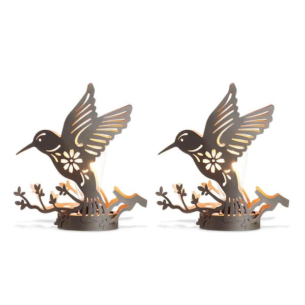 Glitzhome 9.75 in. H Set of 2 Black and Gold Metal Cutout Flying Hummingbird Silhouette Solar Powered Edison Bulb Outdoor Lantern